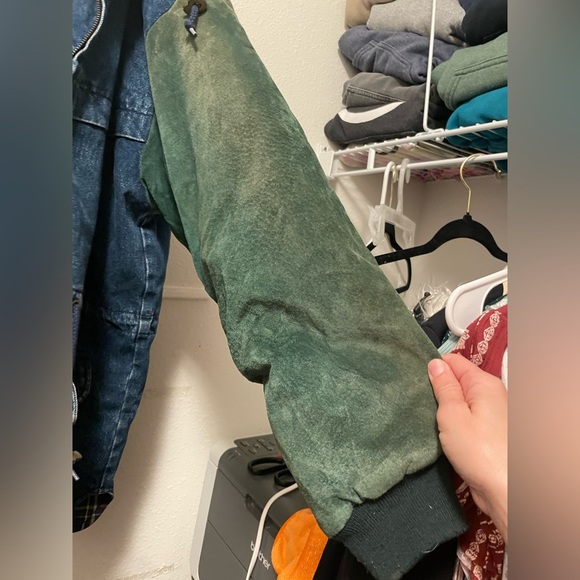 Vintage Arizona 90s Jean Jacket Flannel Lined Suede Leather Sleeves chore Coat L - Picture 7 of 15